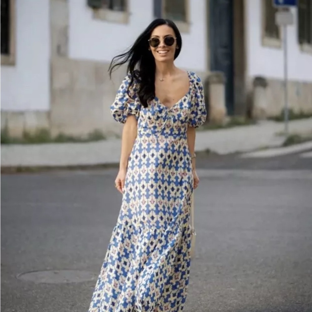 ZARA NWT WOMAN PRINTED MIDI DRESS BLUE SIZE M